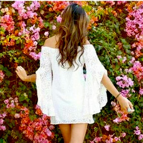 Jen's Pirate Booty Mini Dress French Lace Bardot Natural Size Medium - Picture 2 of 16